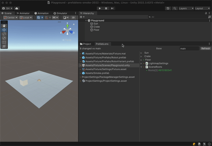 PrefabLens window in the Unity Editor: a changed-asset list next to a semantic diff tree